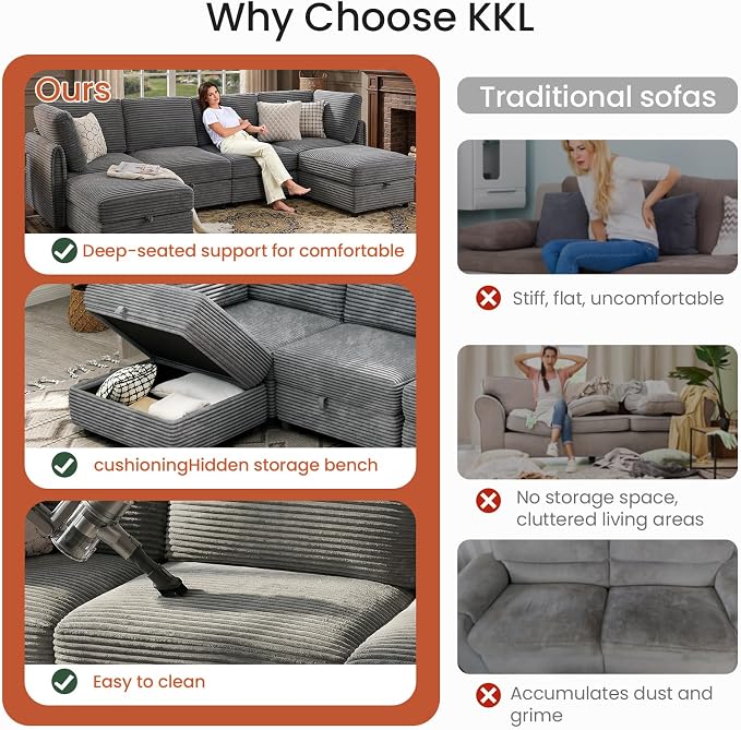 KKL Modular Sectional Sofa L-Shaped 4 Seater Couch with Storage Ottoman, Plush Wide-Wale Corduroy Couch for Living Room, Apartment, Modern Design, Gray