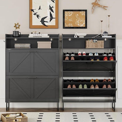 BORNOON Shoe Cabinet with 2 Flip Drawers Narrow Shoe Storage Cabinet Organizer Wooden Freestanding Rack Hidden Slim Storage for Entryway, Hallway, Living Room, Bedroom