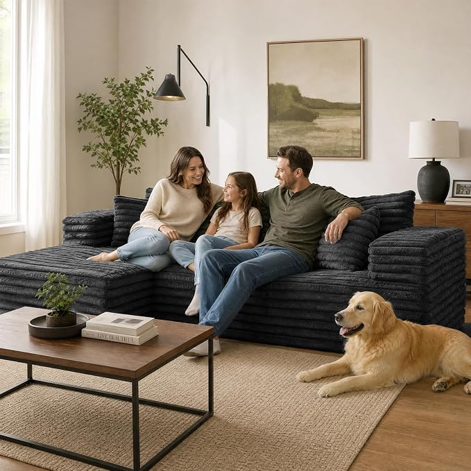 2" Corduroy Boneless Couches for Living Room, L Shape Sofa with Chaise | 102.4" Modular Sectional Sofa, Cloud Couch Sectional with Deep Seat, No Assembly, Black, Left Chaise
