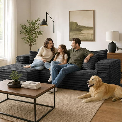 2" Corduroy Boneless Couches for Living Room, L Shape Sofa with Chaise | 102.4" Modular Sectional Sofa, Cloud Couch Sectional with Deep Seat, No Assembly, Black, Left Chaise
