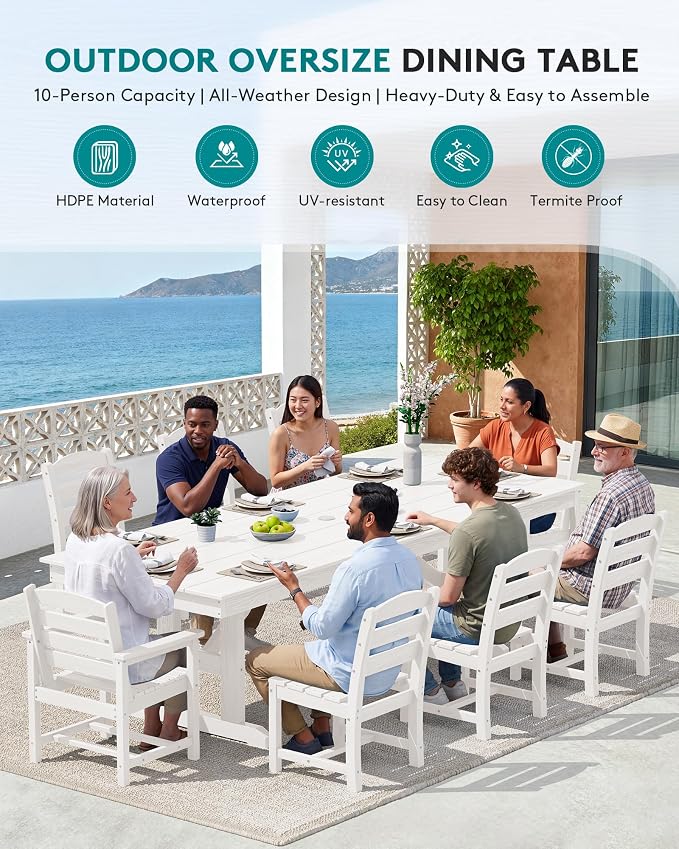 SERWALL 9 Piece 84" HDPE Outdoor Dining Set with 6 Armless Chairs, 2 Armchairs and Umbrella Hole for 8, White