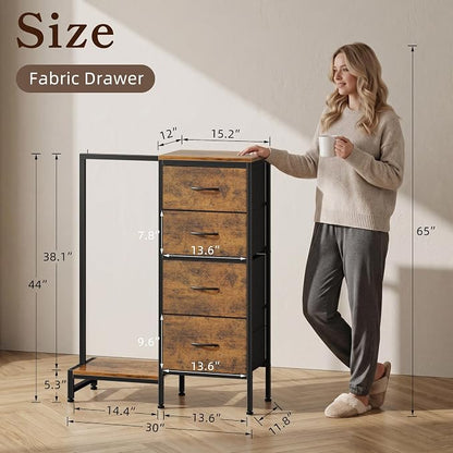HIGDBFE Tall Dresser 44''H with Hanging Rack, 4 Drawers Small Closet Dresser for Bedroom, Reversible Fabric Chest of Drawers with Clothes Rack, Tall Storage Tower, Sturdy Frame, Rustic Brown