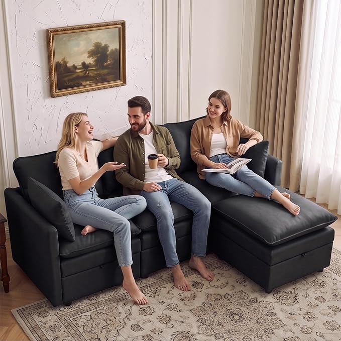 80" Black Faux Leather Storage 3 Seater Sofa with Ottoman, Comfy Couch | Convertible Modular Sectional Sofa, L Shaped Oversized Couch, Upholstered Large Cloud Couch For Living Room, Apartment.