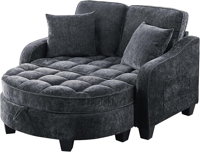 ERYE Chenille Tufted Loveseat Sofa and Ottoman Set, Tufted Recliner Sleeper Chaise Lounge with Curved Storage Ottoman,Reclining Backrest and Side Pockets, 4 Pillows