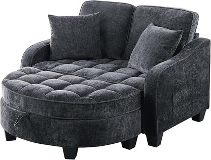 ERYE Chenille Tufted Loveseat Sofa and Ottoman Set, Tufted Recliner Sleeper Chaise Lounge with Curved Storage Ottoman,Reclining Backrest and Side Pockets, 4 Pillows