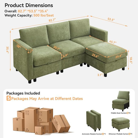 WUTUTUEE 83”L-Shaped Modular Sectional Sofa with Storage & Movable Ottoman, Convertible 4-Seat Reversible Chaise Chenille Couch for Living Room, Soft Green Fabric, Modern Design
