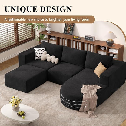Boneless Couches for Living Room with Chaise,104" Modular Sectional Sofa with Convertible Ottoman,Cozy Cloud Couch with U-Shaped,Sponge Compression Sofas in a Box,No Assembly Required(Black) 1pcs
