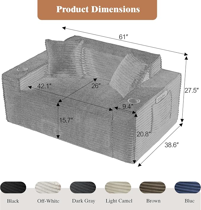 2 Pcs Living Room Cloud Sofa Set, Boneless Sofa Couches with Cup Holder with Side Pocket for Compact Living Rooms, Apartments (Beige White, Single Chair + 3 Seat Sofa)