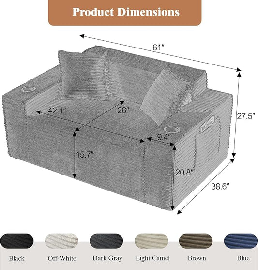 2 Pcs Living Room Cloud Sofa Set, Boneless Sofa Couches with Cup Holder with Side Pocket for Compact Living Rooms, Apartments (Beige White, Single Chair + 3 Seat Sofa)