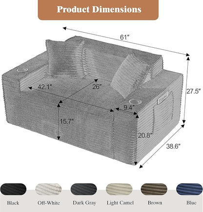 3 Pcs Living Room Cloud Sofa Set, Boneless Sofa Couch with Cup Holder and Side Pocket for Compact Living Rooms, Apartments (Black, Single Chair + Loveseat+ 3 Seat Sofa)