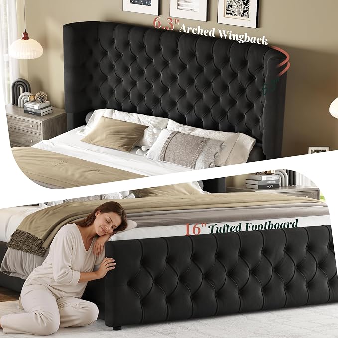 Jocisland Queen Size Upholstered Bed Frame with 6.3-Inch Curved Wingback Headboard, Tufted Footboard, Wood Slats, No Box Spring Needed, Black Velvet