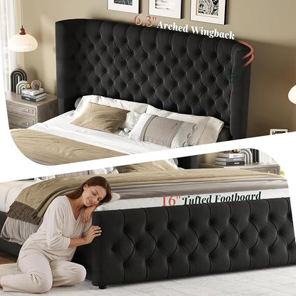 Jocisland Queen Size Upholstered Bed Frame with 6.3-Inch Curved Wingback Headboard, Tufted Footboard, Wood Slats, No Box Spring Needed, Black Velvet
