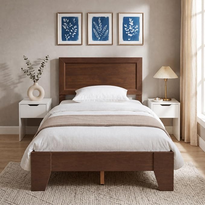 Giantex Twin Size Wooden Bed Frame with Headboard, Wood Slat Support | Modern Platform Bed with Heavy Duty Mattress Foundation, Under-Bed Storage, No Box Spring Needed, Easy Assembly (Walnut)