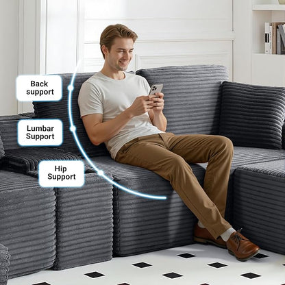 ivoros 111 Inch Modular Sectional Sofa Couch, Oversized Modern Cloud Couch for Living Room, L Shape Couches with Ottomans, USB Ports and Cup Holders, Grey Corduroy Boneless Sofas, Sofa in a Box
