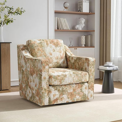 Swivel Accent Chair, 360° Swivel Upholstered Club Armchairs for Living Room, Comfy Fabric Single Sofa Reading Chair with Deep Seat, Metal Swivel Base, Sand Blooms
