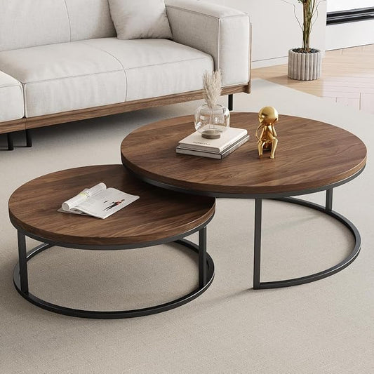 Round Nesting Coffee Table Set of 2, Modern Minimalist Accent Tables for Living Room, Bedroom, Office, Stackable Side Tables (Walnut)