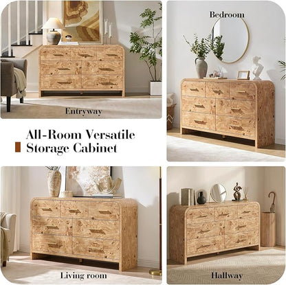 Curved 7 Drawer Dresser for Bedroom, 53.82'' Wide Chest of Drawers, Modern Storage Cabinet for Hallway & Living Room TV Stand, FSC Certified 1.18" Thick Board, 100 lbs Top Weight, Light Burl