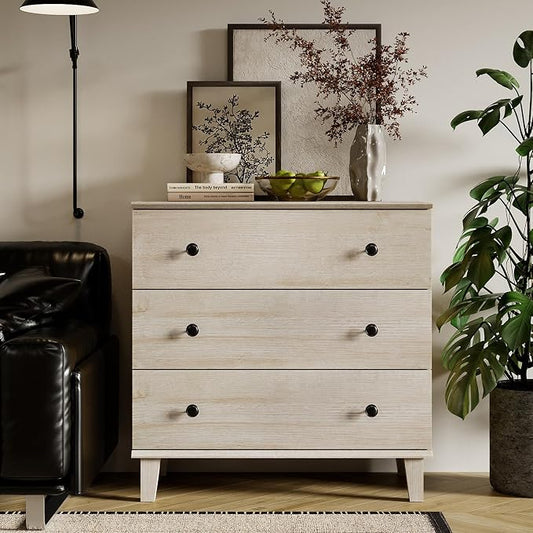 Bedroom Dresser with 3 Drawers, Chest of Drawers, Modern Closet Organizer Bachelors Chest w/Solid Wood Legs for Living Room, Baby Room, Nursery,Beige Oak