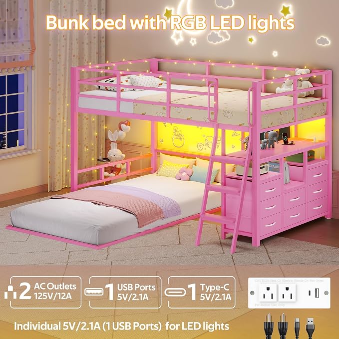 busyaeh Bunk Bed Twin Over Twin 8 Drawer & 4 Shelve, 15" H Safety Guardrail | bunk Bed with Desk, Low bunk bed with LED Lights & Charging Station,L-Shaped Bunk Beds with Stairs,Girls bunk bed,Pink