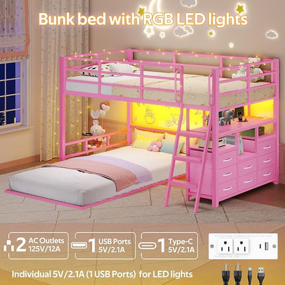busyaeh Bunk Bed Twin Over Twin 8 Drawer & 4 Shelve, 15" H Safety Guardrail | bunk Bed with Desk, Low bunk bed with LED Lights & Charging Station,L-Shaped Bunk Beds with Stairs,Girls bunk bed,Pink