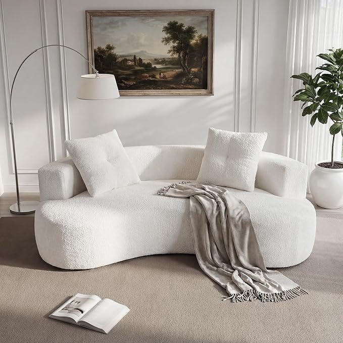 80'' Curved Loveseat Sofa Couch for Living Room, Deep Seat Cloud Boneless Floor Couch with 2 Pillows, Comfy Chenille Floor Sofa, Modern Round Loveseat Sofa for Small Space (CreamWhite, 80 Inch)
