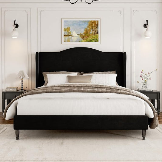 Full Size Bed Frame with Wingback Headboard, Upholstered Velvet Platform Bed Frame, Heavy Duty Wooden Slats Support, Noise-Free, No Box Spring Needed, Minimalist Style, Black