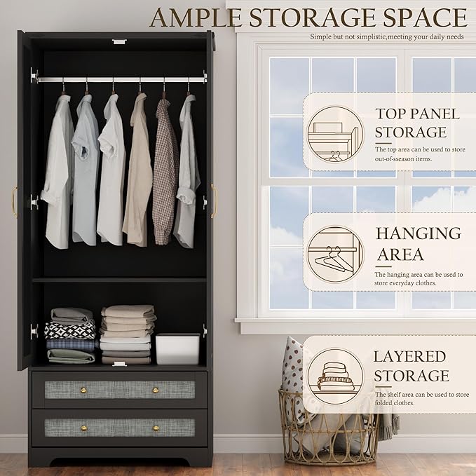 Yechen 71" Armoire Wardrobe Closet with Doors, Modern Tall Storage Cabinet with Adjustable Shelf and Hanging Rail, Sturdy Freestanding Closet Armoires and Wardrobes with 2 Wide Drawers for Bedroom