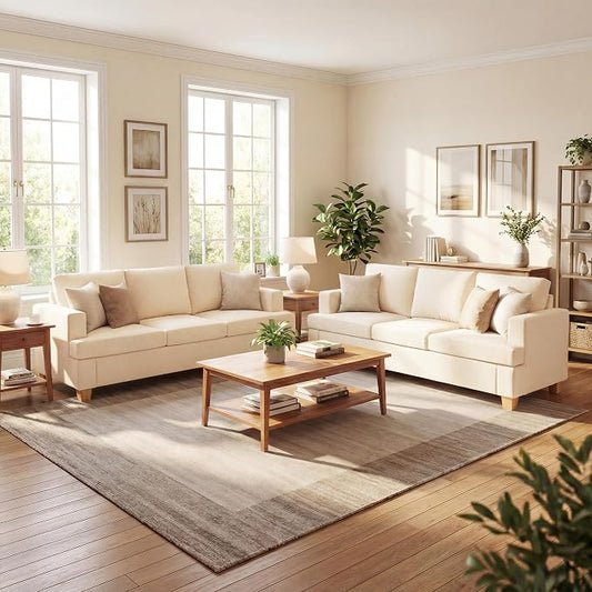 YOUDENOVA 2 Piece Set Comfy Sofa Couch, 2 3-Seater Sofa with Deep Seats, Modern Sleeper Couch for Living Room, Beige Chenille