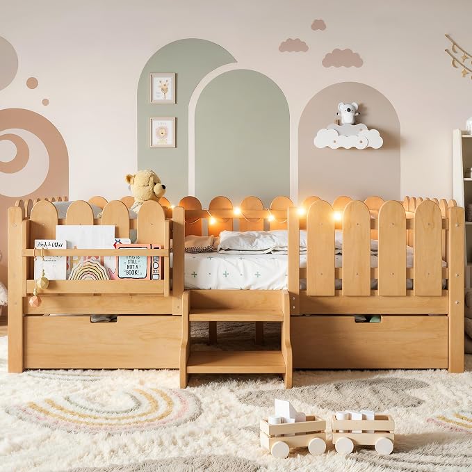 Bellemave Full Kids Montessori Bed with Stairs, Bookshelf and LED Lights, Solid Wood Kids Bed Frame with Storage Drawers for Boys Girls, Low Profile,Natural