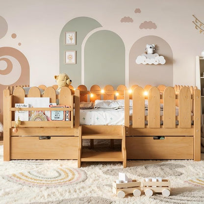 Bellemave Full Kids Montessori Bed with Stairs, Bookshelf and LED Lights, Solid Wood Kids Bed Frame with Storage Drawers for Boys Girls, Low Profile,Natural