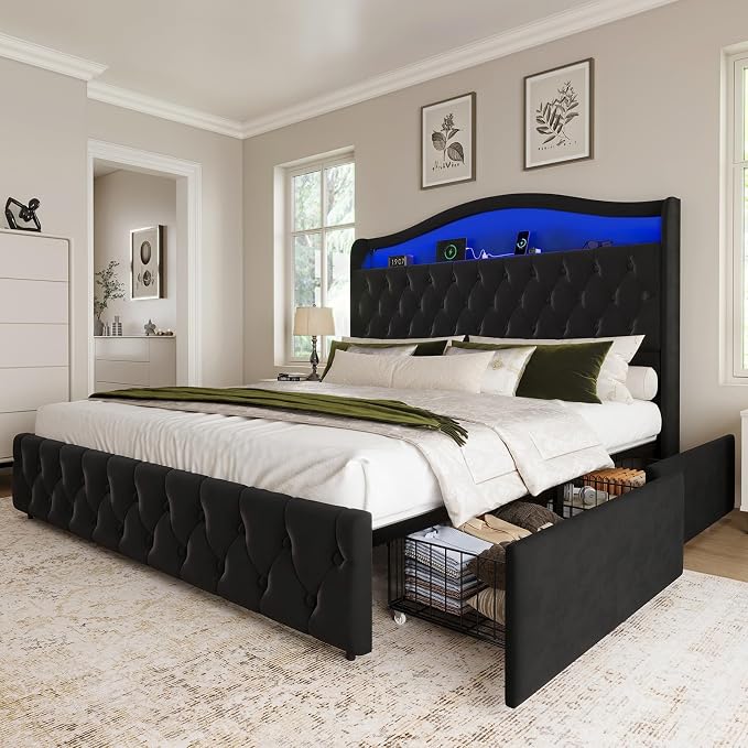 King Size Bed Frame and Headboard & 4 Storage Drawers, Upholstered Platform Bed Frame with RGB LED Lights & Charging Station, No Box Spring Needed, Easy Assembly, Noise-Free, Black