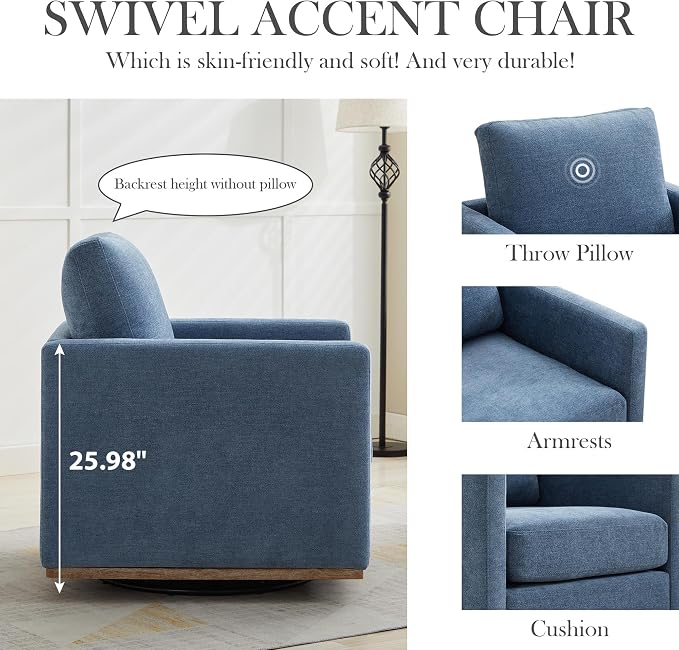Aoiy & Wifon 30.7" W Swivel Accent Chair, Mid Century Modern Swivel Chair for Living Room, Comfy Small Accent Chair, Wavy Chenille, Blue