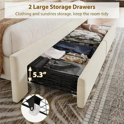 GarveeHome Full Size Bed Frame with Storage Drawers — Velvet Upholstered Platform Bed with Vintage Headboard, Wooden Slat Support, Noise-Free, No Box Spring Needed, Beige