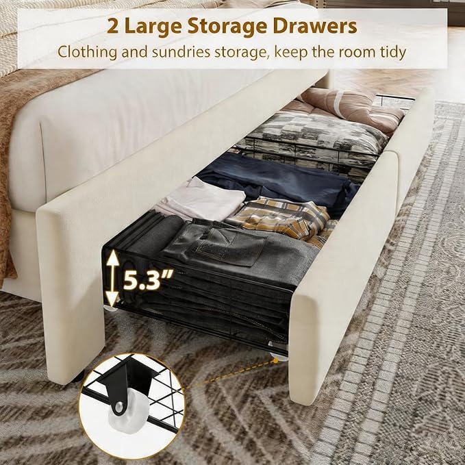 GarveeHome King Size Bed Frame with Storage Drawers — Velvet Upholstered Platform Bed with Vintage Headboard, Wooden Slat Support, Noise-Free, No Box Spring Needed, Beige