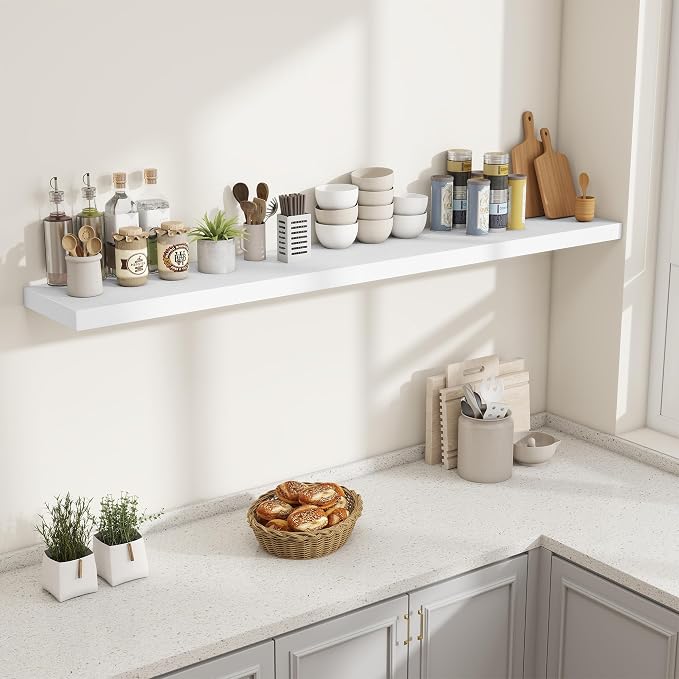 Fun Memories 72 Inch Fireplace Mantel Shelf, 10 Inch Deep Shelves for Display & Wall Storage, Rustic Wood Wall Shelf, Extra Long Floating Shelves for Living Room Laundry Room, White, Set of 2