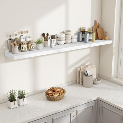 Fun Memories 72 Inch Fireplace Mantel Shelf, 10 Inch Deep Shelves for Display & Wall Storage, Rustic Wood Wall Shelf, Extra Long Floating Shelves for Living Room Laundry Room, White, Set of 2