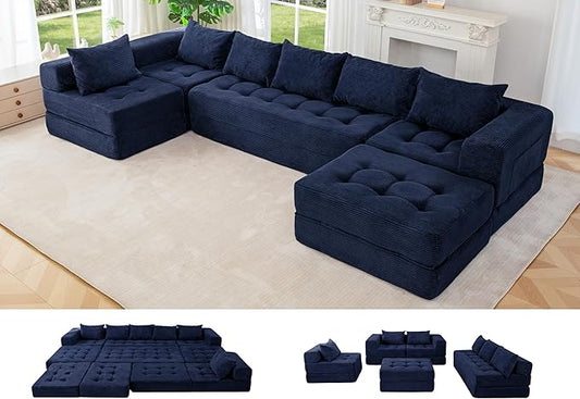MAXYOYO Modular Sectional Sofa Couch, Foldable U Shaped Cloud Couch with Pillows, Tufted 7-Seat Boneless Lounger Floor Sofa Bed for Living Room, No Assembly Required, Navy