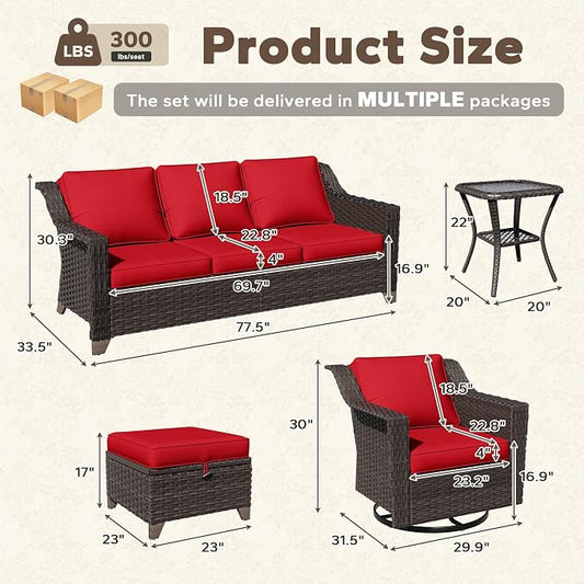 9 Pieces Patio Conversation Furniture Set - 1 Sofa, 2 Ottomans, 4 Swivel Chairs, 2 Side Tables, Outdoor Wicker Furniture with Removable Cushions for Porch, Balcony, Sunroom (Red)
