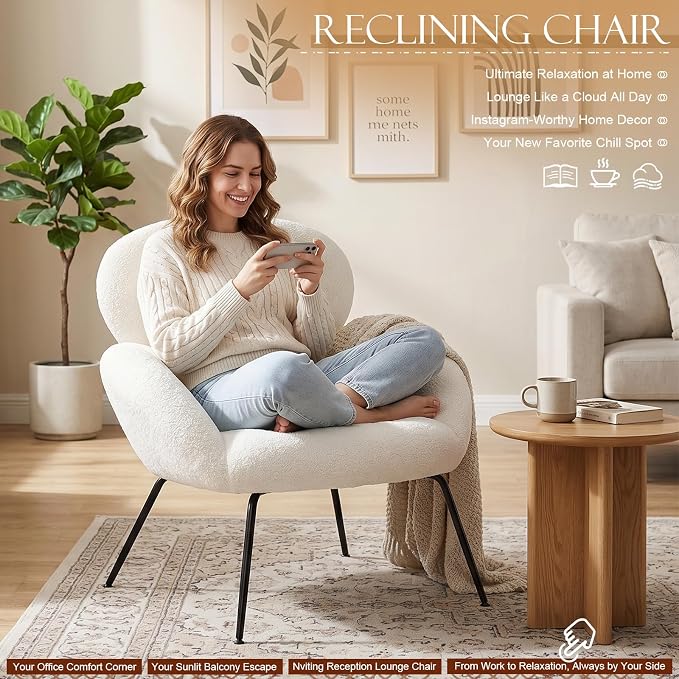 Accent Chair, Accent Chair for Bedroom, Boucle Chair (Cream Whtie) | Comfy Bedroom Chair with Love Back and Sturdy And Durable Solid-Wood Frame/ Study Room / Bedroom / Living Room /(Cream Style)
