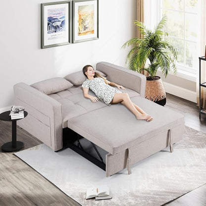HAOMARKETS 3 in 1 Convertible Sleeper Sofa Bed, Loveseat Chaise Lounge with Pullout Bed, 2-Seater Futon Couches with Storage Pockets, 3-Level Adjustable Backrest and Pillows for Living Room, White