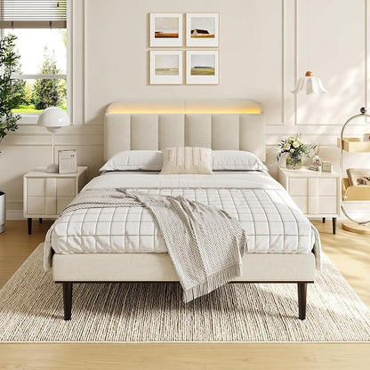 Adjustable Headboard for Full/Queen Size Bed Frame, Linen Fabric Bed Headboard with Storage & RGB LED Light in Modern Vertical Channel Design, White
