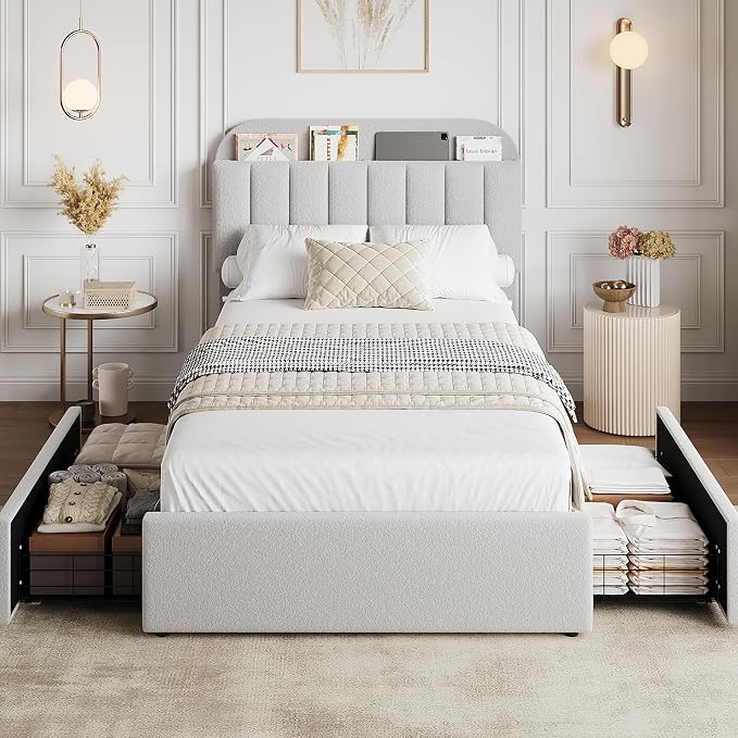 GarveeHome Twin Bed Frame with Storage Headboard, Kids Bed Frame with 2 Drawers, Boucle Upholstered Platform Bed with Bookcase, No Box Spring Needed, Easy Assembly, Light Gray