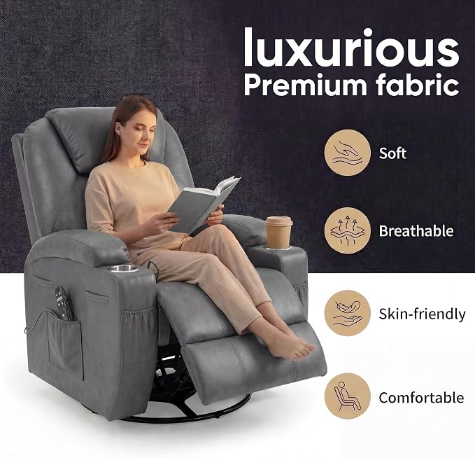 JUMMICO Small Swivel Rocker Recliner, 360 Rocking Chair Recliner with Massage, Upholstered Leathaire Rocker Recliner with Cup Holder for Living Room, Bedroom, Nursery (Dark Gray)