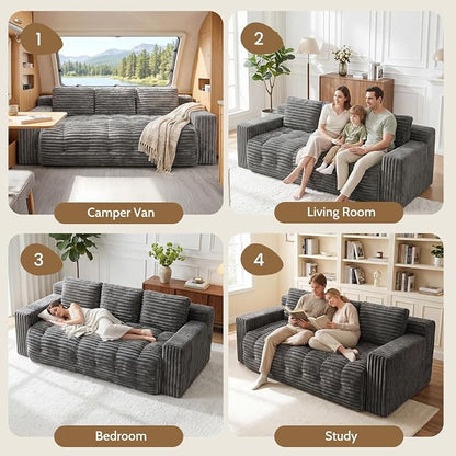 70” Boneless Couch, 3 Seater Sofa Couch with Extra Deep Seats 3 Pillows,Corduroy Modern Small Couch for Living Room, Office, Bedroom, Apartment,Grey