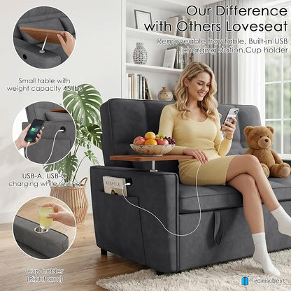 54'' Sleeper Sofa Bed, Convertible Pull Out Couch Futon for for Living Room,Apartment (Darkgrey) Side Desk, USB Ports, Cup Hold, Velvet Fabric, Adjustable Backrest, Easy Assembly