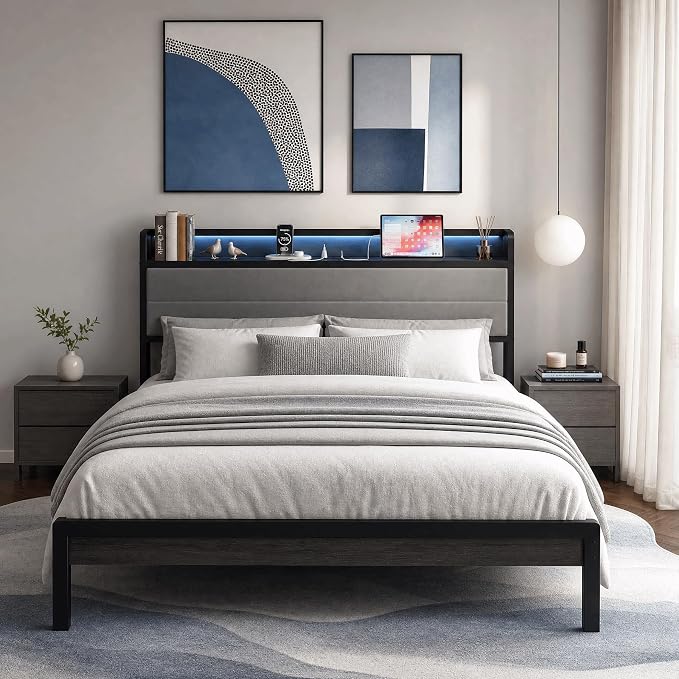 LIKIMIO Queen Bed Frame with Storage Headboard and LED Lights, Metal Platform Bed with Charging Station, Noise Free, No Box Spring Needed, Under Bed Storage, Charcoal Gray