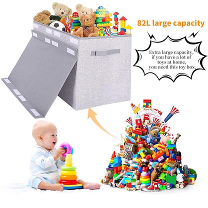 Pantryily Large Toy Box Chest Storage Organizer with Lid,Collapsible Kids Toys Boxes Basket Bins with Sturdy Handles for Boys and Girls, Nursery, Playroom, Closet 25"x13" x16" (Light Grey)