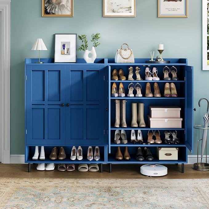 Shoe Storage Cabinet with 2 Doors, 6-Tier Shoe Cabinet with 3 Adjustable Shelves and Metal Legs, 45'' Tall Shoe Rack Organizer Cabinet for Entryway, Front Door, Blue