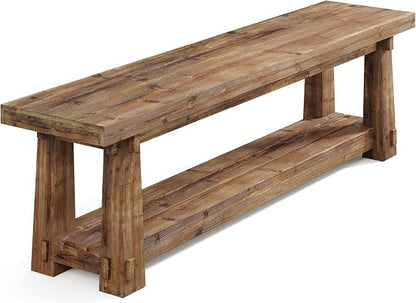 55" Solid Wood Entryway Bench with Shoe Storage, Rustic Charred Wood Grain Foyer Bench with Open Shelf for Hallway, Mudroom, Bedroom, Easy Assembly