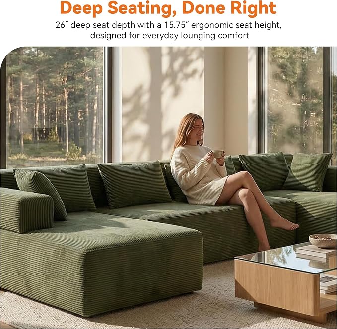 MONVANE 141" U Shaped Cloud Sectional Couch with Chaise Lounge, Modular Sectional Sofa with Removable Armrests, Comfy Corduroy Boneless Couches for Living Room, No Assembly Required, Green